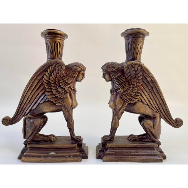 Metal French Bronze Victorian Art Deco Style Sphinx Candleholders - a Pair For Sale - Image 7 of 7