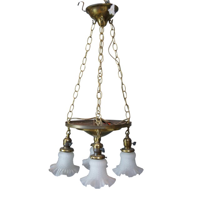 Victorian Antique Victorian Brass Ruffled Glass 4 Light Parlor Pendant Light Chandelier For Sale - Image 3 of 13