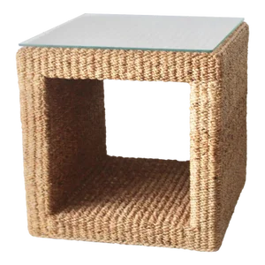 Ralph Lauren Style Woven Wicker Seagrass Cube Side Table Glass Top Mid-Century Modern Vintage