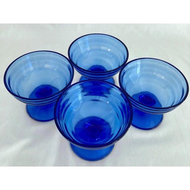 Circa 1936 Hazel Atlas “Moderntone” Pedestal Dessert Cups in Ritz Blue – Set of 4 For Sale - Image 9 of 13