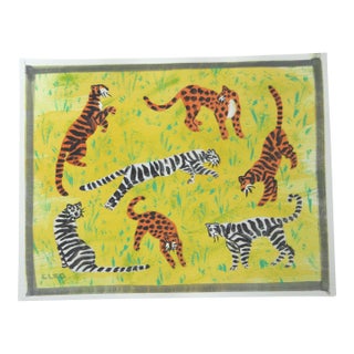 Tigers Leopards Jungle Landscape Minmalism Pop Art Folk Art Black White Yellow-Green Orange Original Painting by Cleo Plowden For Sale