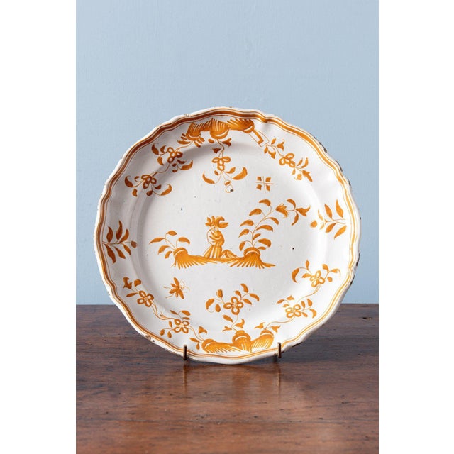 Ceramic Antique Shaped Ochre Plate with Figure from Moustiers Faience, 1700s For Sale - Image 7 of 7