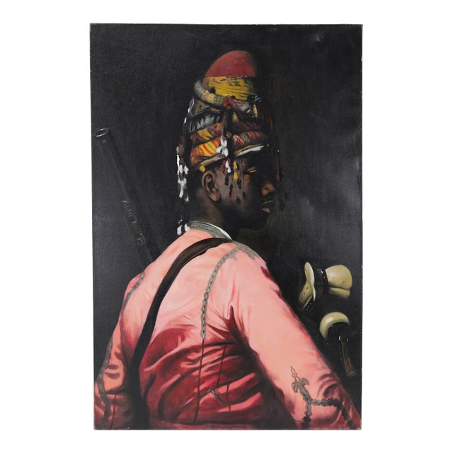 Textile Contemporary Oil Painting Portrait With Tribal Headdress and Pink Garment For Sale - Image 7 of 7