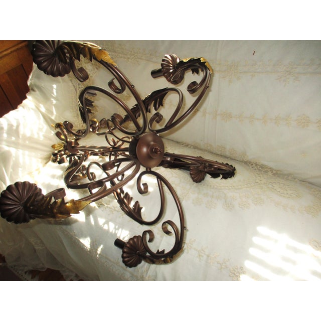 French Country Toleware French Country 5 Arm Chandelier Bronze With Gold Leaves & Crystal Prisms For Sale - Image 3 of 17