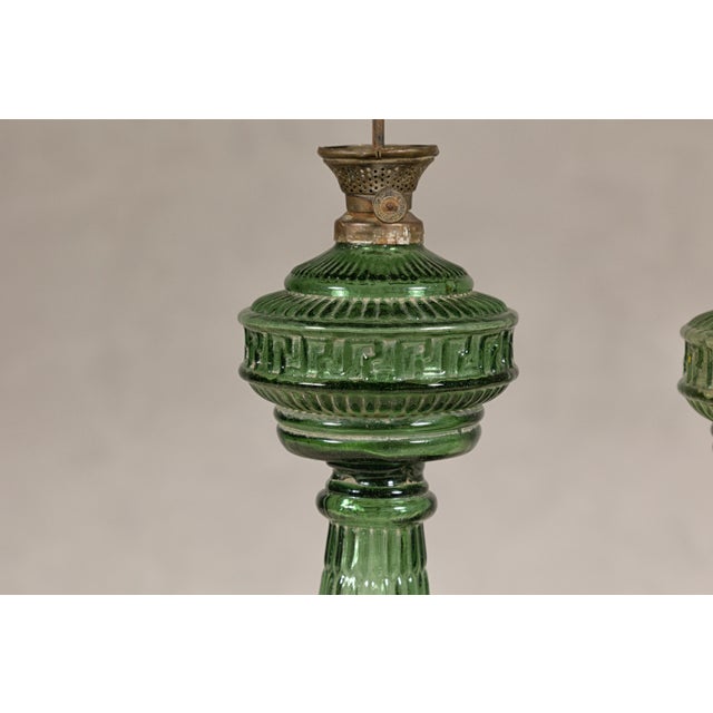 Green Glass Gas Lights with Meander Friezes, a Vintage Near Pair For Sale - Image 11 of 12