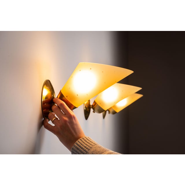 Vintage Brass Sconces with Decorated Yellow Glass Shades, 1960s, Set of 3 For Sale - Image 9 of 18
