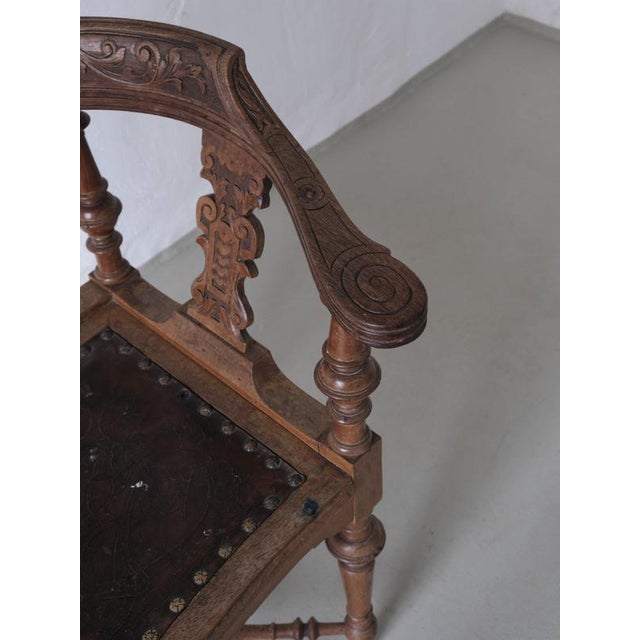 Antique Carved Corner Chair with Leather Seat For Sale - Image 5 of 10
