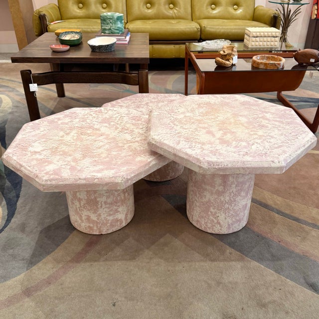 Mid-Century Modern Vintage Set of 3 Pale Pink Octagonal Faux Stone Nesting Tables For Sale - Image 3 of 12