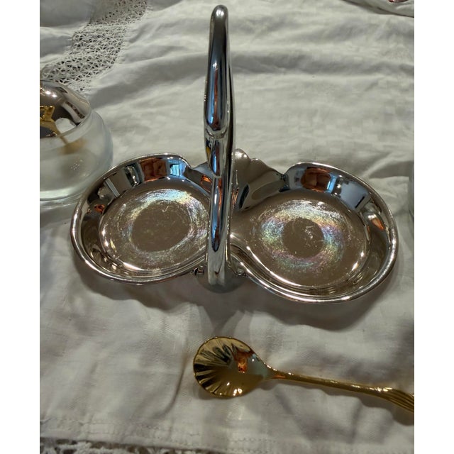 Vintage Silver & Frosted Glass Salt & Pepper Cellar Set With Gold Crown Finials & Spoons - 4 pcs For Sale - Image 4 of 8