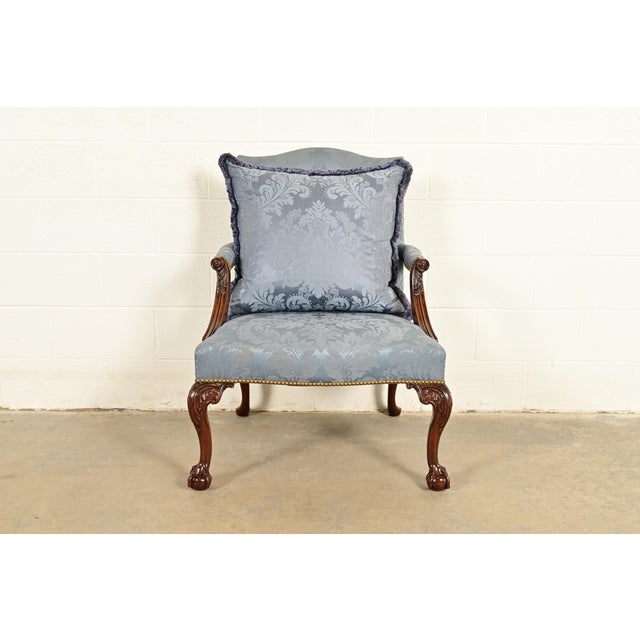 A gorgeous Chippendale or Georgian carved mahogany open arm library chair or lounge chair By Kittinger USA, 1991 Solid...