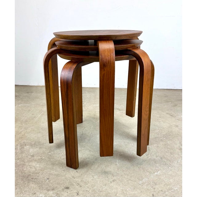 Mid 20th Century Mid Century Modern Alvar Aalto Style Teak Stacking Stools Side Tables Restored—Set of 3 For Sale - Image 5 of 12