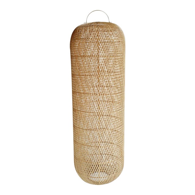 Modern Coastal Raw Wicker Cylinder Pendant Light Large For Sale
