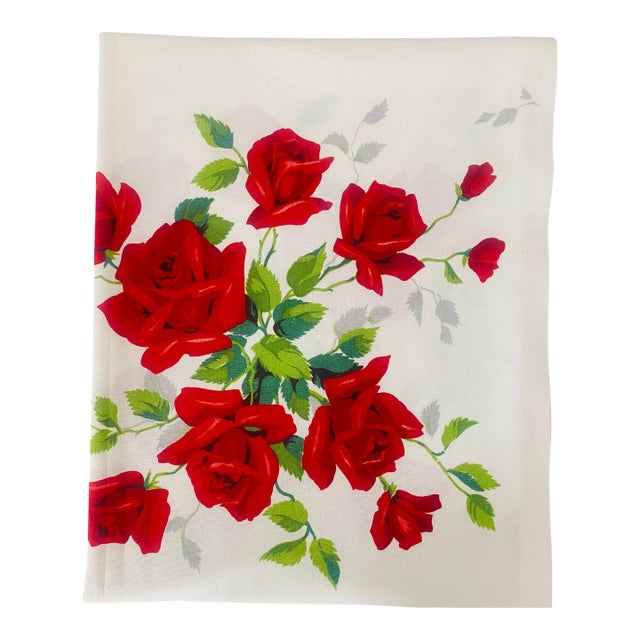 Vintage 1950s/60s Wilendur Red Royal Rose Rectangular Tablecloth, 52" X 68" For Sale