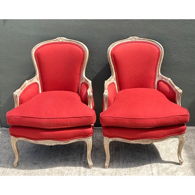 Red Vintage Carved Wood Upholstered Bergere Chairs - A Pair For Sale - Image 8 of 12