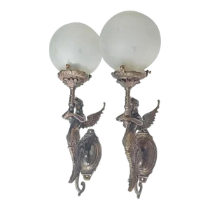 Vintage Art Nouveau Deco Mermaid Wall Sconces Fixtures in Brass & Glass - a Pair