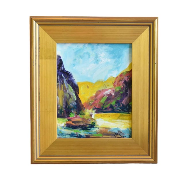 Wood Colorful Flowers & Mountains Landscape Oil Painting Including the Antiqued Gold Wood Frame For Sale - Image 7 of 7