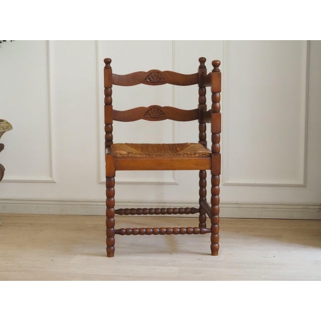 Vintage Corner Chair in Turned Wood with Carved Straw Seat For Sale - Image 4 of 7