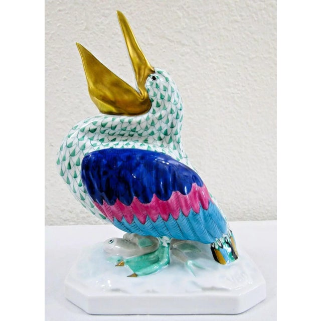 1980s 1980s Herend Hungary Handpainted Large Pelican 5073 Green Fishnet For Sale - Image 5 of 12