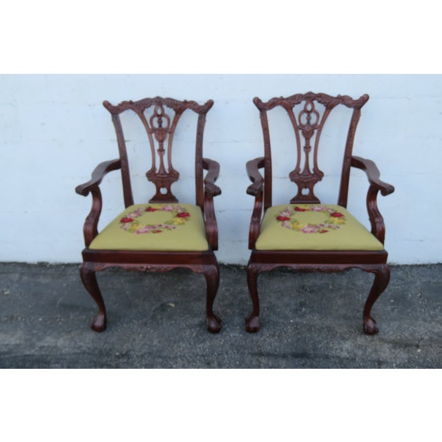 Chippendale Carved Ball and Claw Feet Tapestry Dining Chairs Set of Two 6199 For Sale - Image 14 of 16