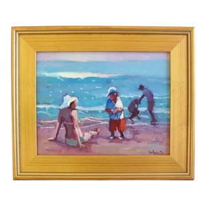 Impressionist Coastal Beach Summer Play by Listed Artist Silvio Silvestri Oil Painting W/ Antiqued Gold Wood Frame
