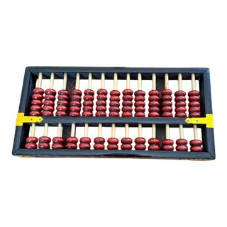 Vintage Chinese Wooden Abacus 13 Column Suanpan Red Beads Black Frame 10.5in For Sale