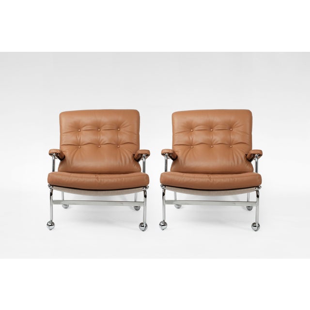 Karin Lounge Chairs in Cognac Leather by Bruno Mathsson for Dux, Set of 2 For Sale - Image 3 of 7