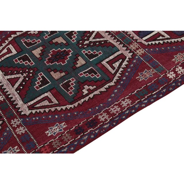 1950s Handwoven Vintage Turkish Kilim Rug in Wine, Teal & White Geometric Pattern For Sale - Image 5 of 6