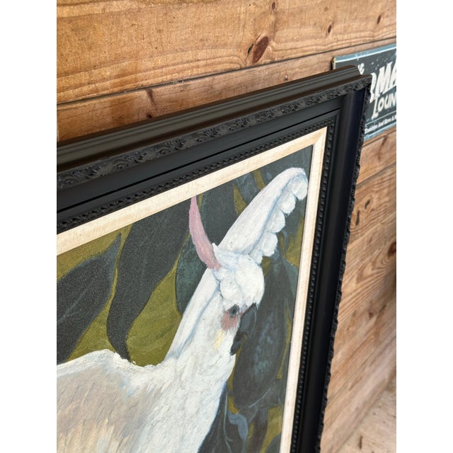 Monumental Reproduction Print Realism Cockatoo Black Wood Framed Oil Painting Manner of Jessie Arms Botke For Sale - Image 9 of 11