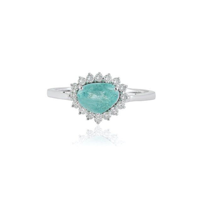 VR Jewels 18k Gold 1.09ct Pear Cut Paraiba Tourmaline Diamond Halo Cluster Ring Size 6 For Sale - Image 4 of 18