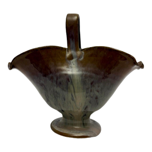 VTG Jb Cole Pottery Brown Ruffle Basket Vase Signed Nell Cole Graves 89 (E-6).