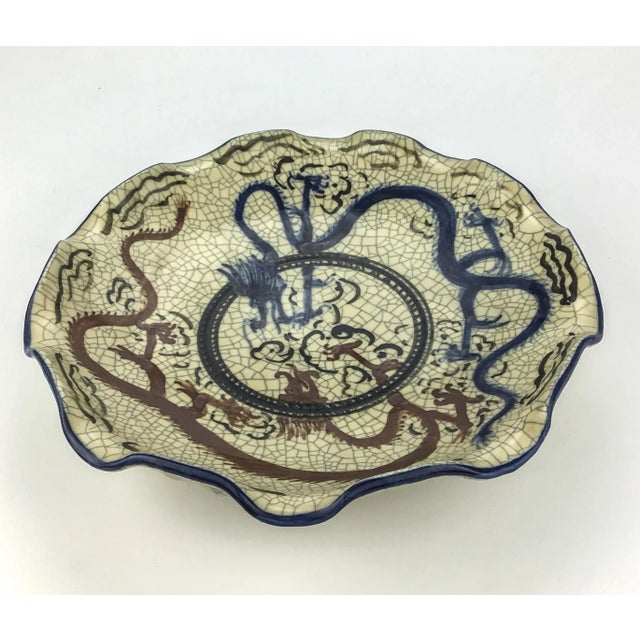 Rare Asian Crackle Finished Ceramic Clay Pottery Bowl Dragon Among Clouds For Sale - Image 4 of 10