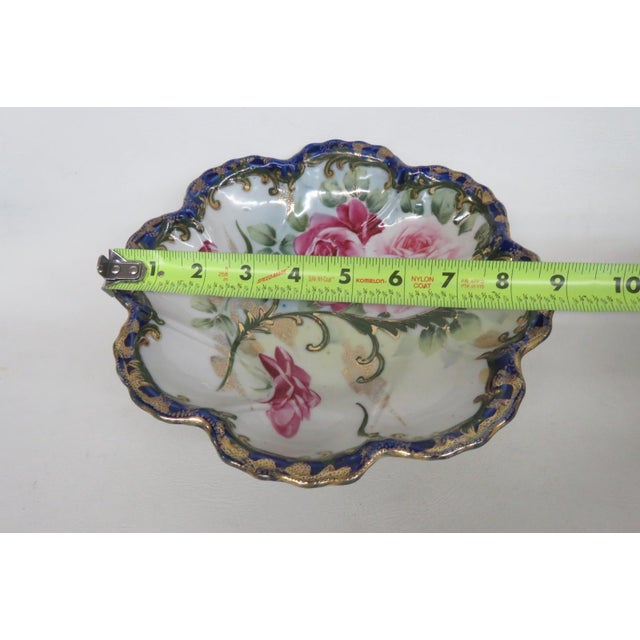 Nippon Porcelain Bowl Made in Japan Hand Painted Roses With Blue Gold Trim 4984b For Sale - Image 9 of 11