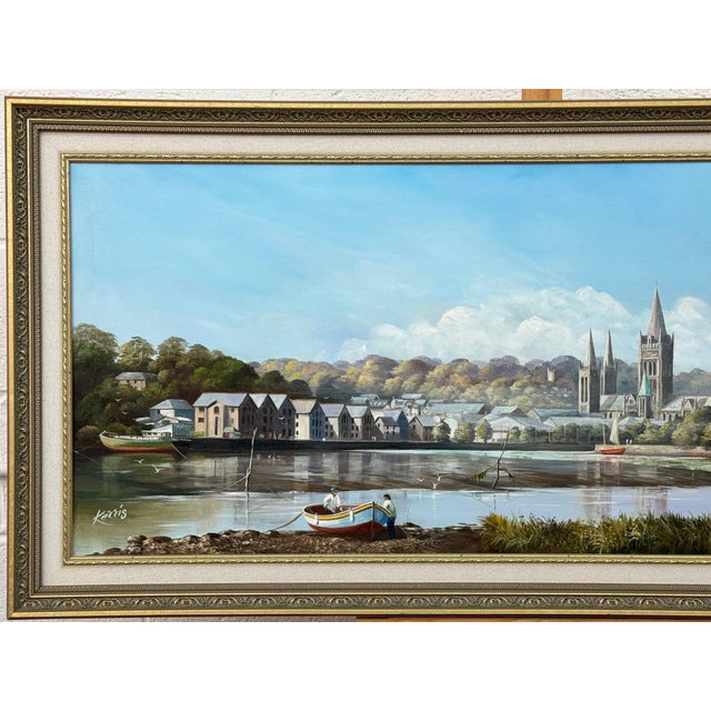 Painting of Figures & Boats on Truro Harbour with Cathedral by British Artist 1985 Circa For Sale - Image 14 of 18