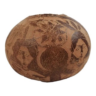 Vintage Folk Art Hand Carved Gourd Bowl For Sale