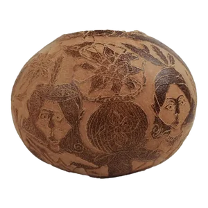 Vintage Folk Art Hand Carved Gourd Bowl