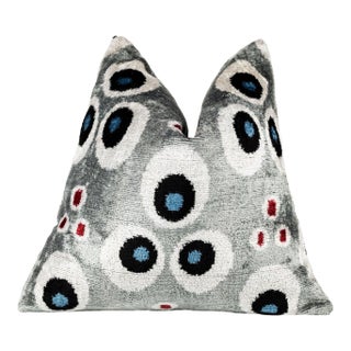 Handmade 16x16 Velvet Throw Pillow – Gray, Blue, Black, and Red Geometric Pattern With Down Insert for Modern Décor For Sale