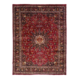 Vintage Mashad Red Wool Rug With a Rosette Design For Sale