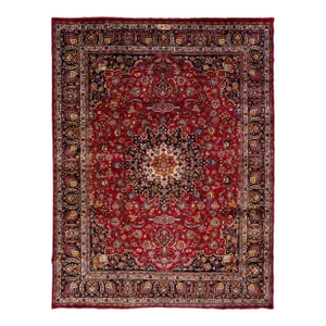 Vintage Mashad Red Wool Rug With a Rosette Design