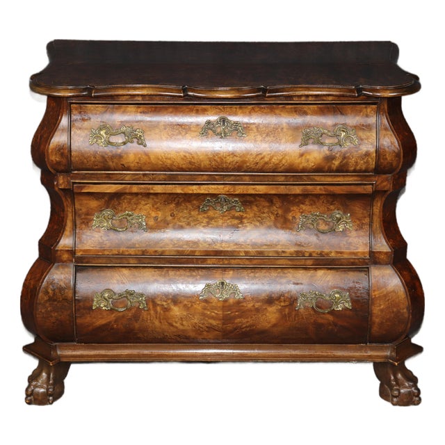 Vintage English Burled Wood Ball & Claw Foot 3 Drawer Commode C. 1950's For Sale