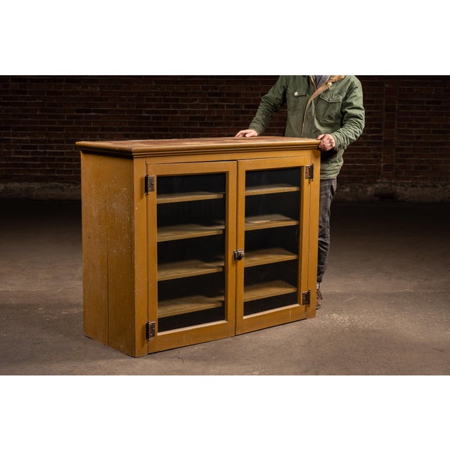 Mustard-painted wooden display cabinet with a rectangular case form, fitted with a pair of glazed front doors opening to a...