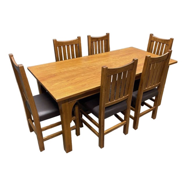 Mission 70" Solid Oak Dining Table Set With 6 Slat Back Chairs For Sale