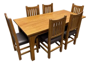 Mission 70" Solid Oak Dining Table Set With 6 Slat Back Chairs