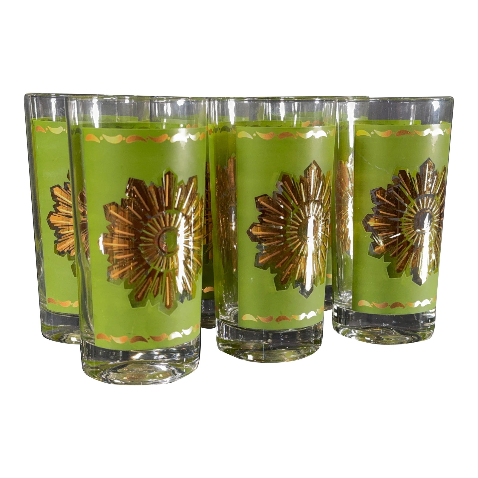 Vintage Mid Century Modern Avocado Green and Gold Starburst Highball Glasses - Set of 6