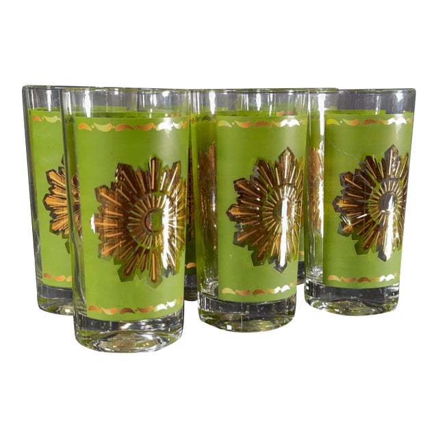 Vintage Mid Century Modern Avocado Green and Gold Starburst Highball Glasses - Set of 6 For Sale