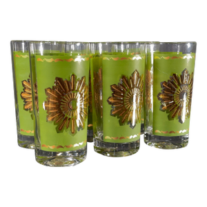 Vintage Mid Century Modern Avocado Green and Gold Starburst Highball Glasses - Set of 6