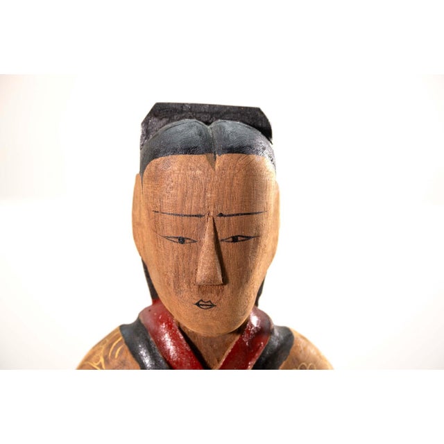 Pair of Vintage Chinese Wood Hand Painted Lacquer Figurine Sculptures Shanghai For Sale - Image 4 of 14