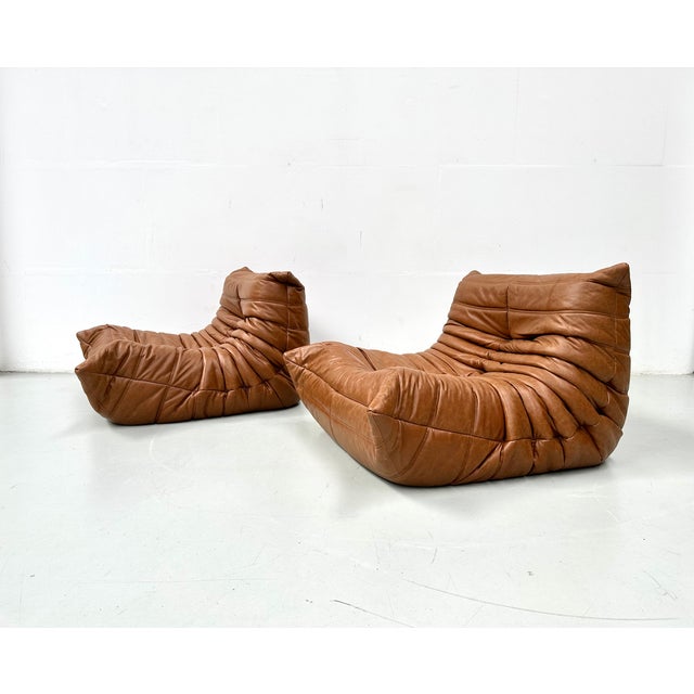 Togo Lounge Chairs in Cognac Cow Leather attributed to Michel Ducaroy for Ligne Roset, Set of 2 For Sale - Image 5 of 13