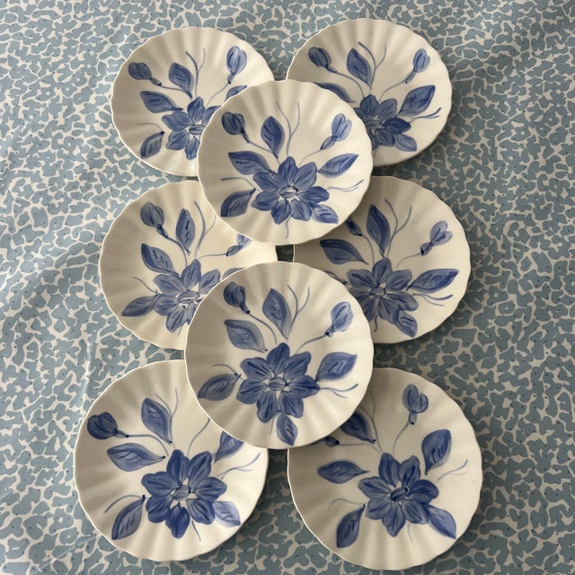 Antique Southern Potteries Hand Painted Blue and White Flower Small Plates - Set of 8