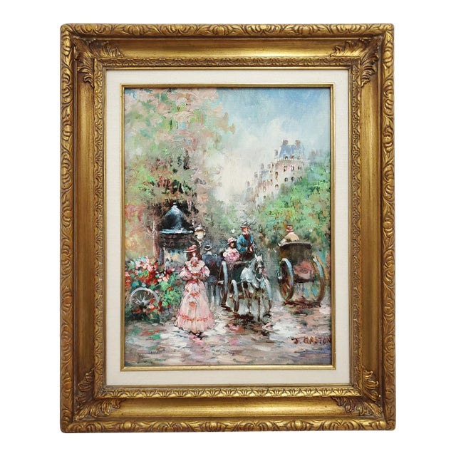 Mid 20th Century French Parisian Scene Framed Oil Painting by J. Gaston For Sale