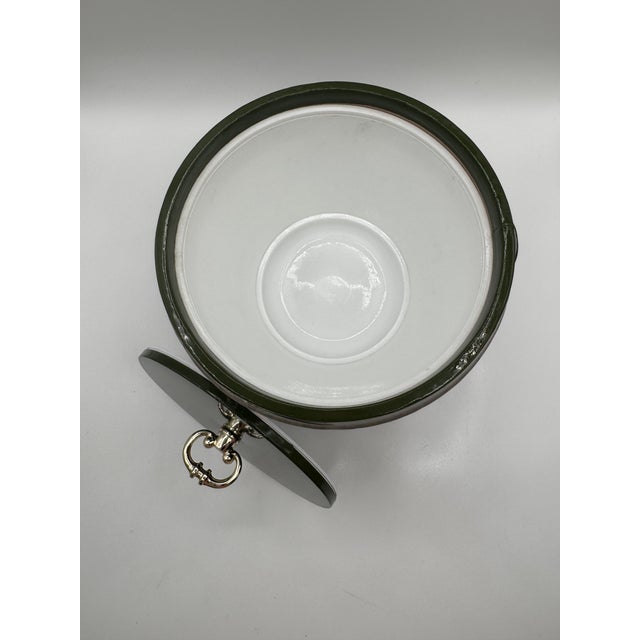 Mid-Century Modern Vintage 1960s Ceramic Hollywood Regency Green & Gold Vinyl Ice Bucket With Handle For Sale - Image 3 of 11